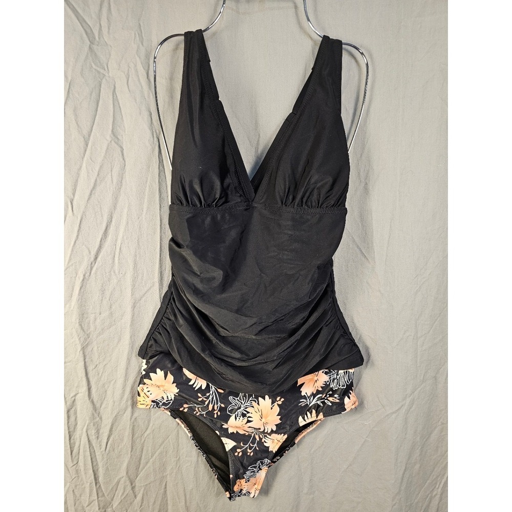 Beachsissi Womens Black Ruched Tankini Set Floral High Waist Bottoms Size M NEW